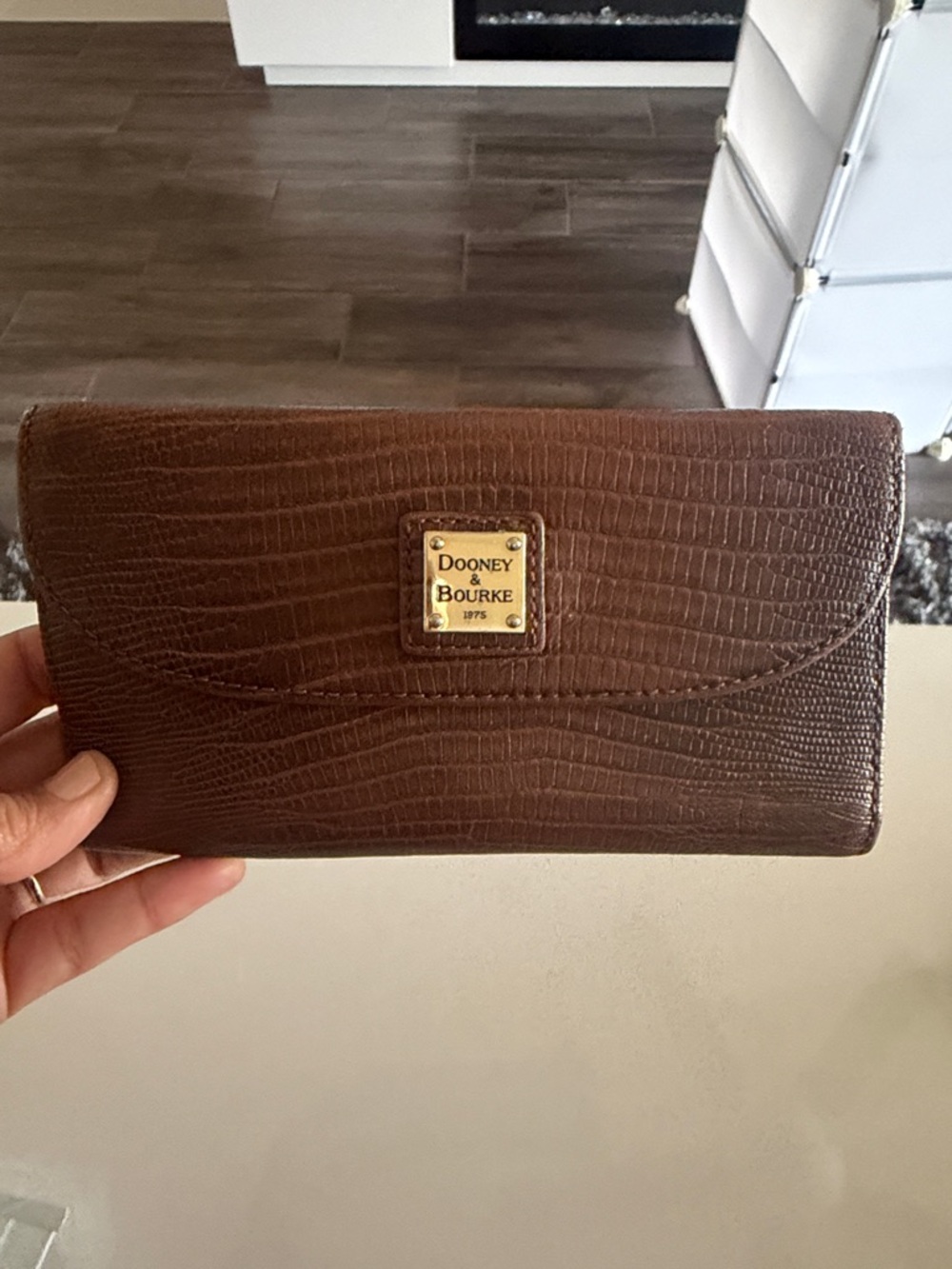 Dooney & Bourke Brown Croc-Embossed Leather Continental Wallet with Gold Logo
